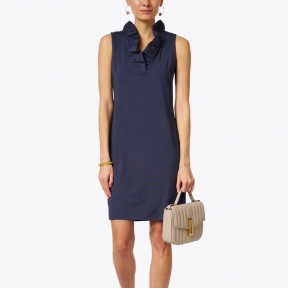 Gretchen Scott Navy Blue Ruffle Neck Sleeveless Dress- Size Large